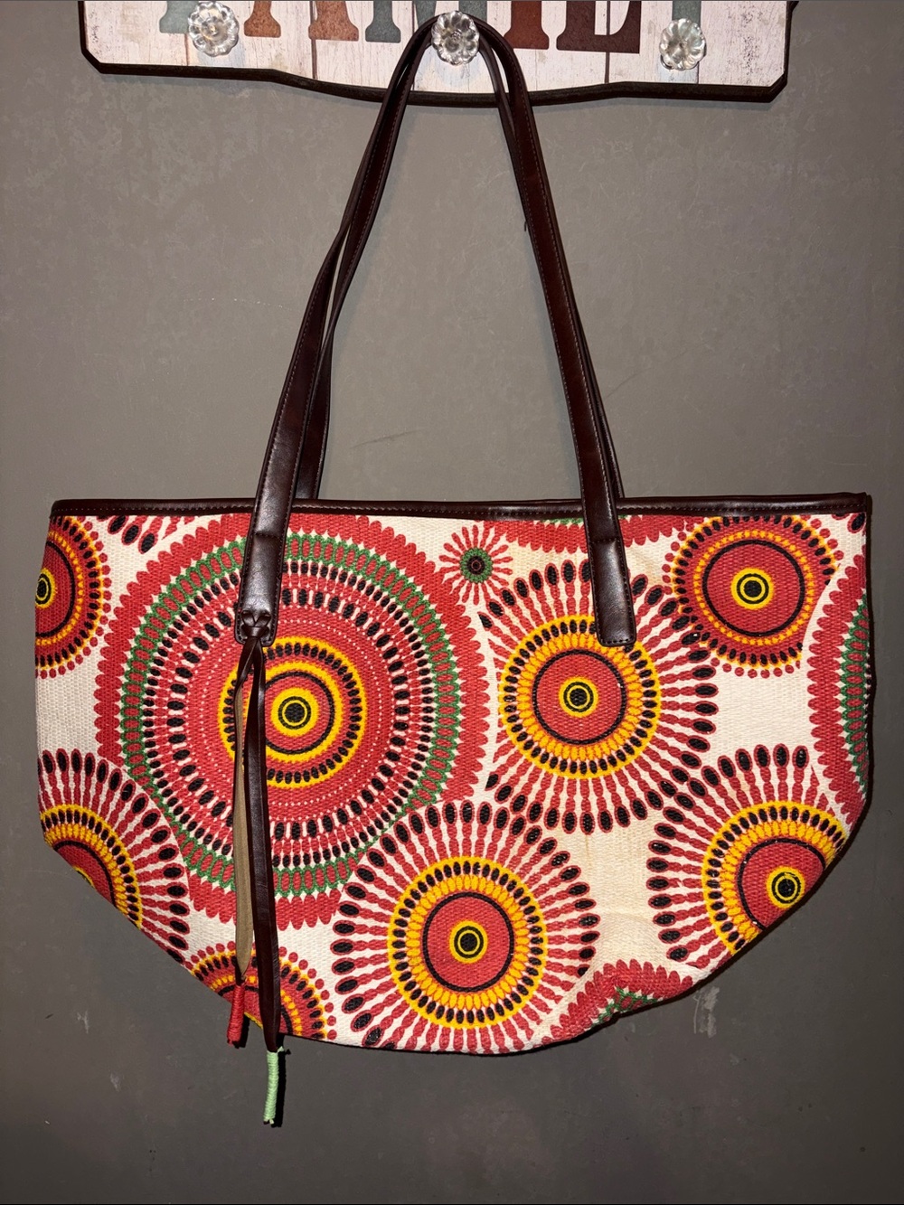 Stylish Multicolor Circle-Print Tote Bag with Brown Handles